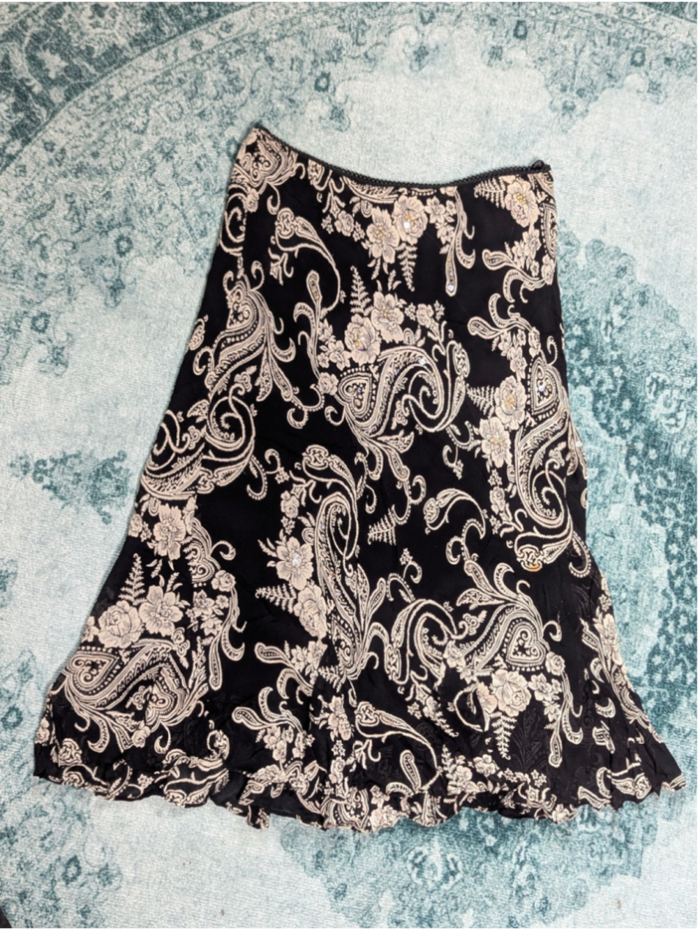 VTG Y2K Dressbarn Whimsigoth Sequin Paisley Floral Midi Skirt Black Beige XL